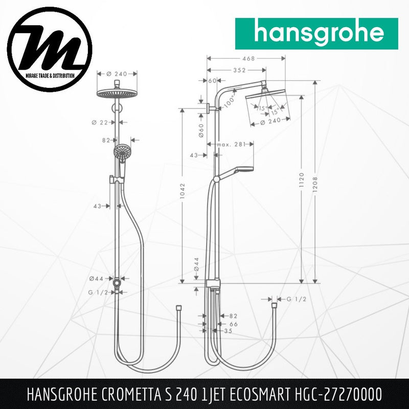 HANSGROHE Crometta S 240 1Jet EcoSmart Showerpipe HGC-27270000 - Mirage Trade & Distribution