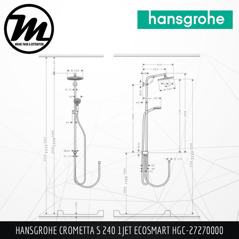 HANSGROHE Crometta S 240 1Jet EcoSmart Showerpipe HGC-27270000 - Mirage Trade & Distribution