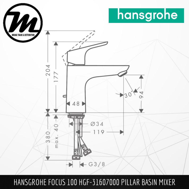 HANSGROHE Focus 100 Pillar Basin Mixer HGF-31607000 - Mirage Trade & Distribution