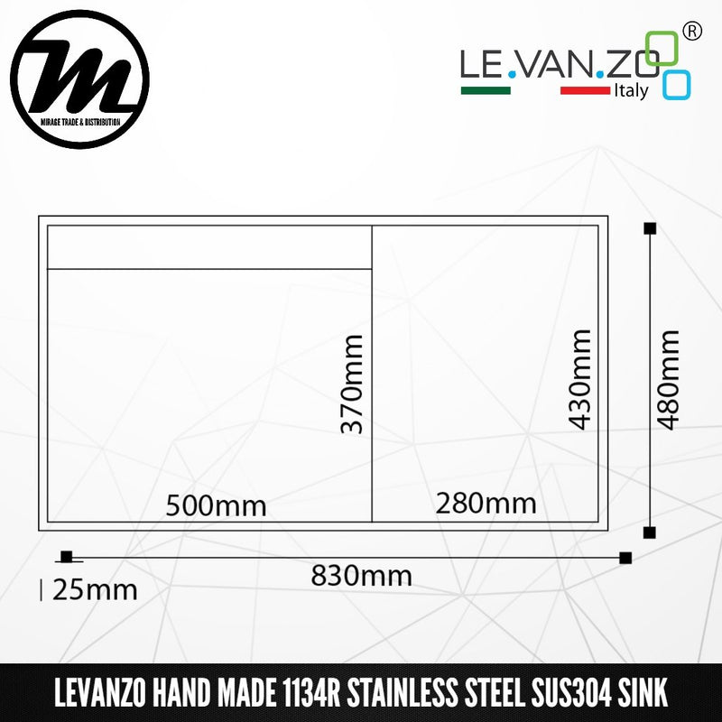 LEVANZO Hand Made Stainless Steel SUS304 Kitchen Sink 1134R - Mirage Trade & Distribution
