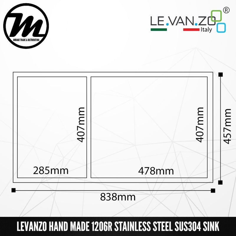 LEVANZO Hand Made Stainless Steel SUS304 Kitchen Sink 1206R - Mirage Trade & Distribution