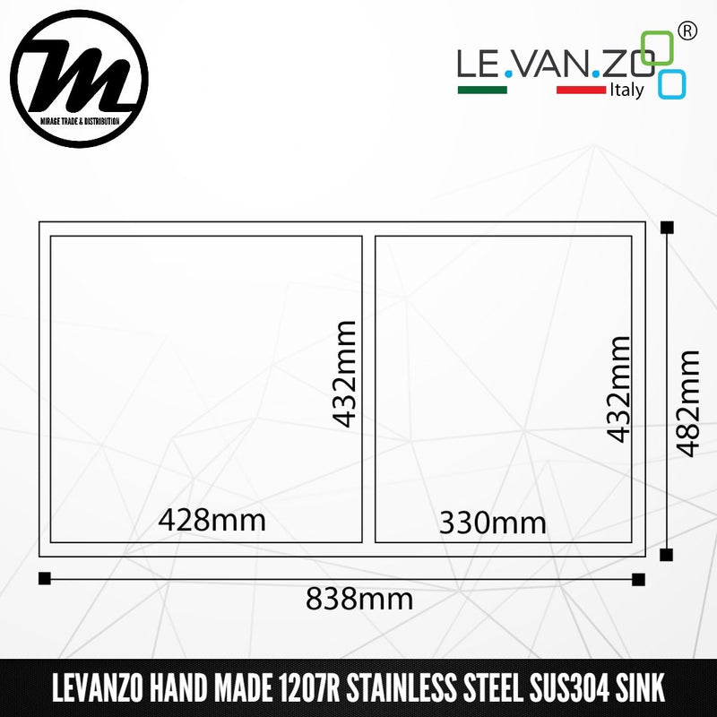 LEVANZO Hand Made Stainless Steel SUS304 Kitchen Sink 1207R - Mirage Trade & Distribution