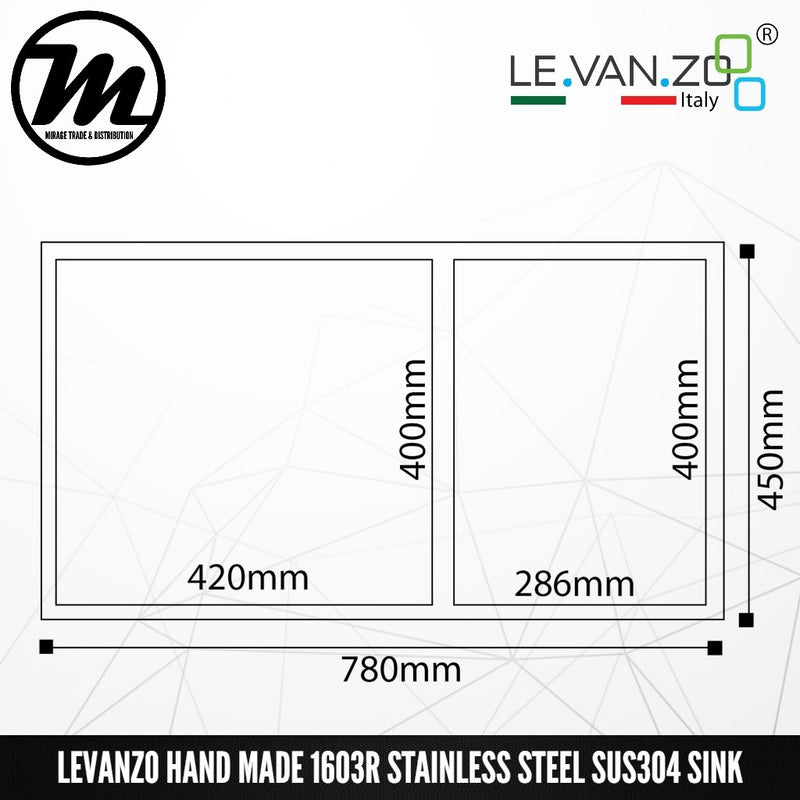 LEVANZO Hand Made Stainless Steel SUS304 Kitchen Sink 1603R - Mirage Trade & Distribution