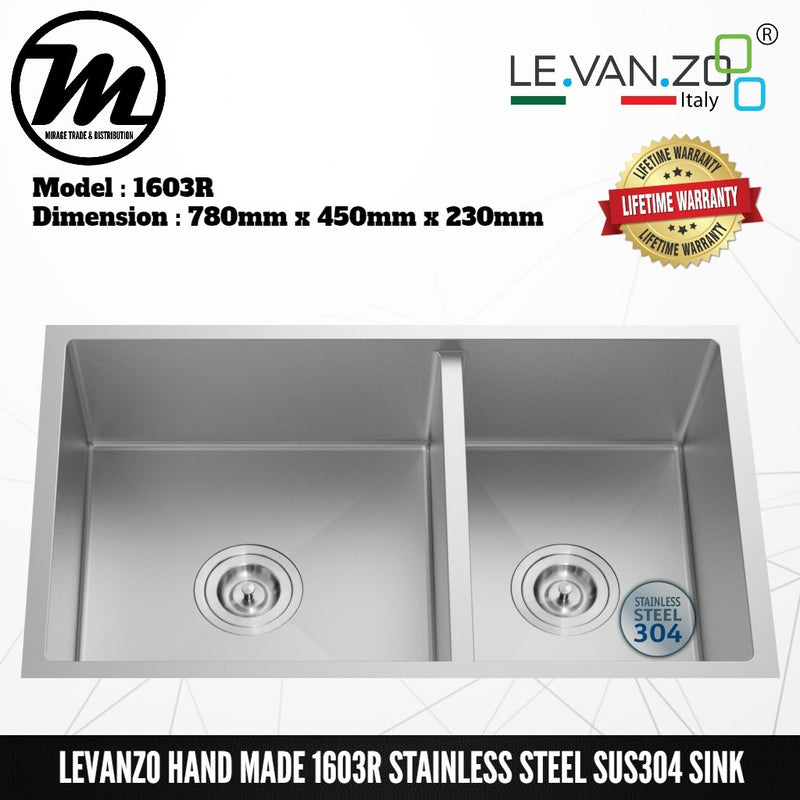 LEVANZO Hand Made Stainless Steel SUS304 Kitchen Sink 1603R - Mirage Trade & Distribution