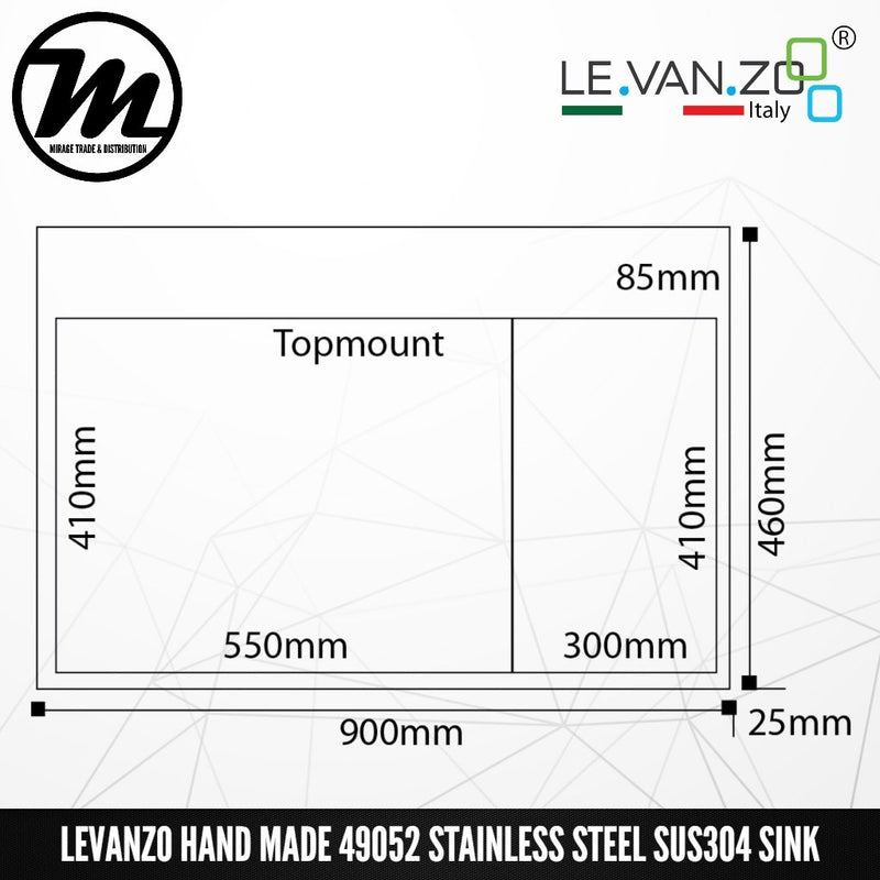LEVANZO Hand Made Stainless Steel SUS304 Kitchen Sink 49052 - Mirage Trade & Distribution