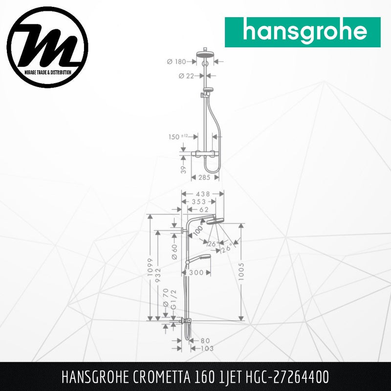 HANSGROHE Crometta 160 1Jet Showerpipe HGC-27264400 - Mirage Trade & Distribution