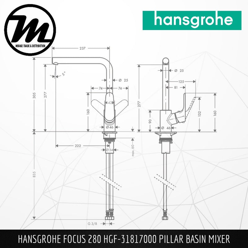 HANSGROHE Focus 280 Pillar Sink Mixer HGF-31817000 - Mirage Trade & Distribution