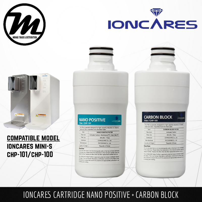 IONCARES Mini S Water Dispenser Filtration Replacement Cartridge Carbon Block + Nano Positive Filters For Ioncares Mini S CHP-101 / CHP-100 - Mirage Trade & Distribution