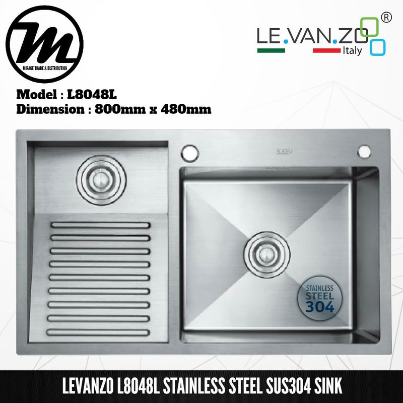 LEVANZO Hand Made Stainless Steel SUS304 Kitchen Sink L8048L - Mirage Trade & Distribution