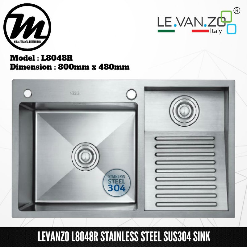 LEVANZO Hand Made Stainless Steel SUS304 Kitchen Sink L8048R - Mirage Trade & Distribution