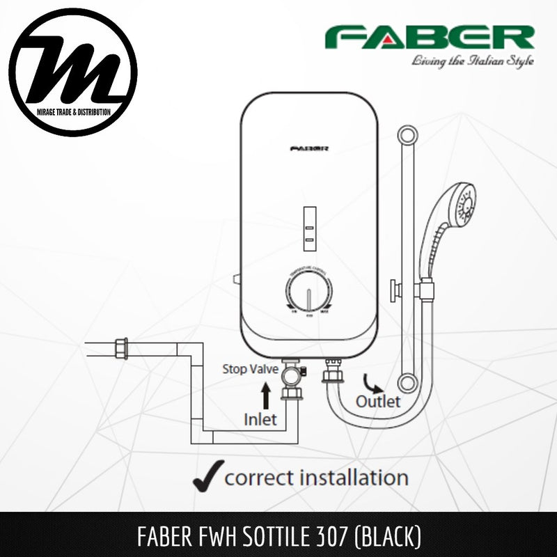 FABER Instant Water Heater FWH Sottile 307 (BK) without pump - Mirage Trade & Distribution