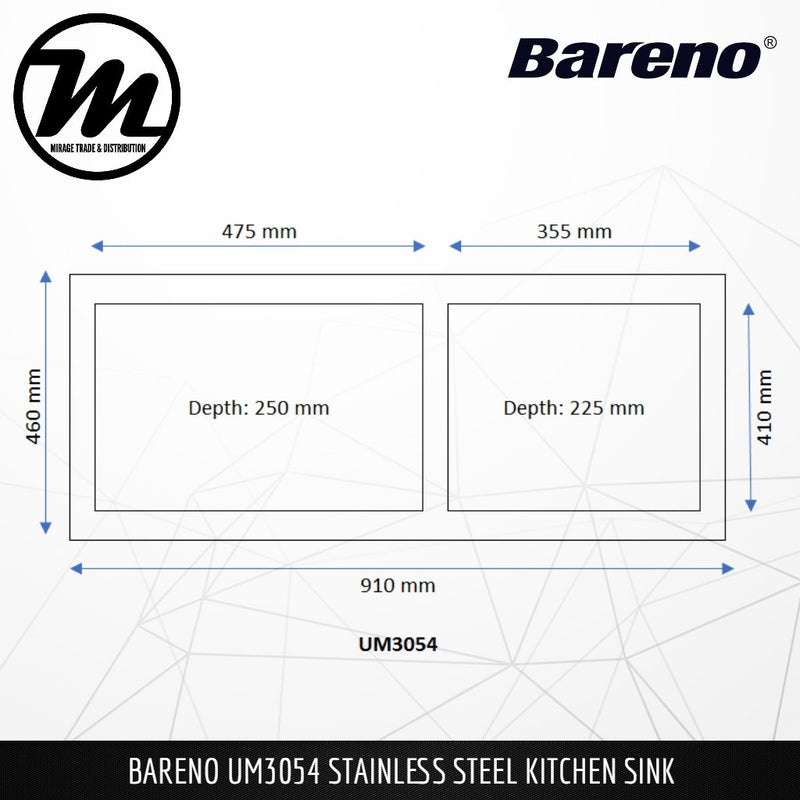 BARENO Kitchen Sink UM3054 Undermount SUS304 with 10 Year Warranty with 1.5 Thickness - Mirage Trade & Distribution