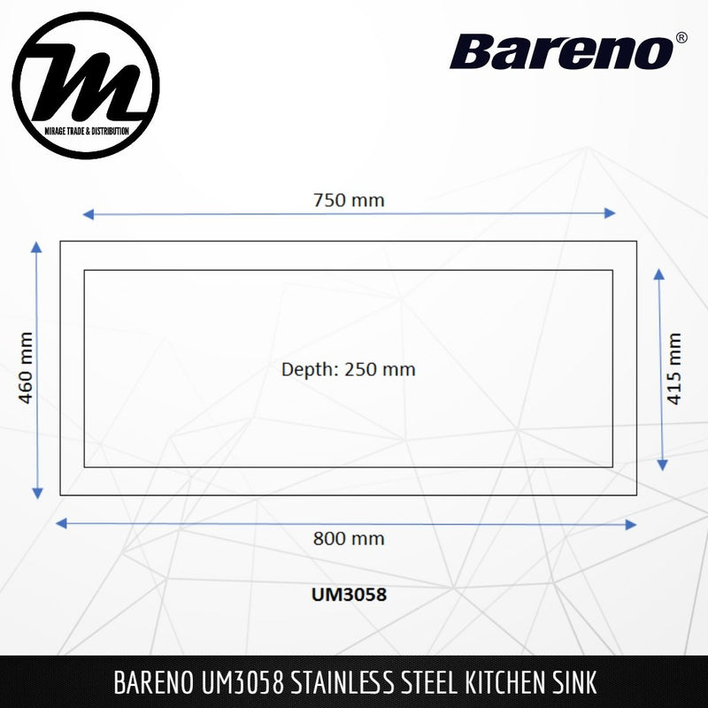BARENO Kitchen Sink UM3058 Undermount SUS304 with 10 Year Warranty with 1.5 Thickness - Mirage Trade & Distribution