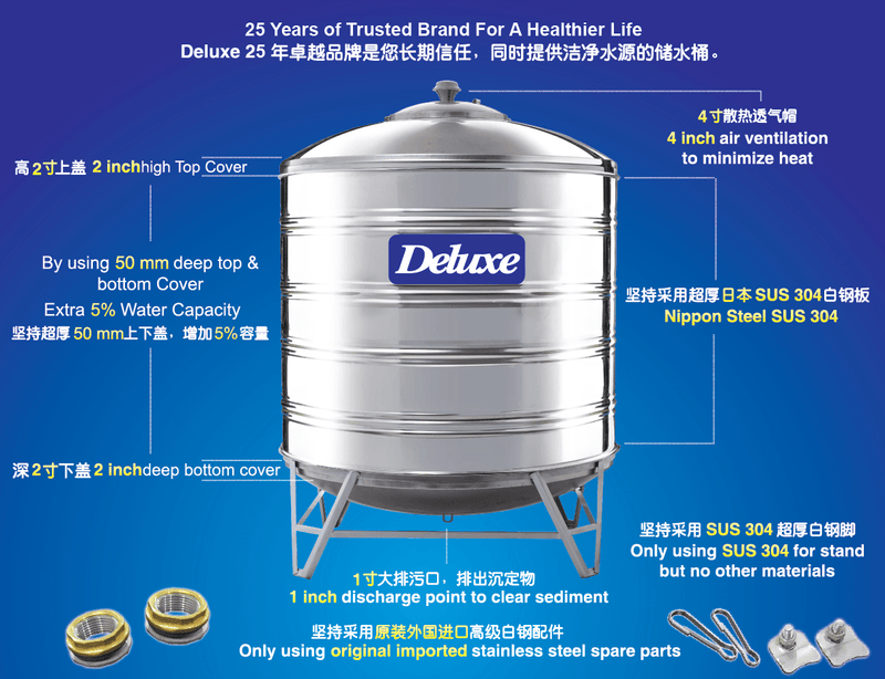 DELUXE Stainless Steel Water Tank (With Stand/Round Bottom) - Mirage Trade & Distribution